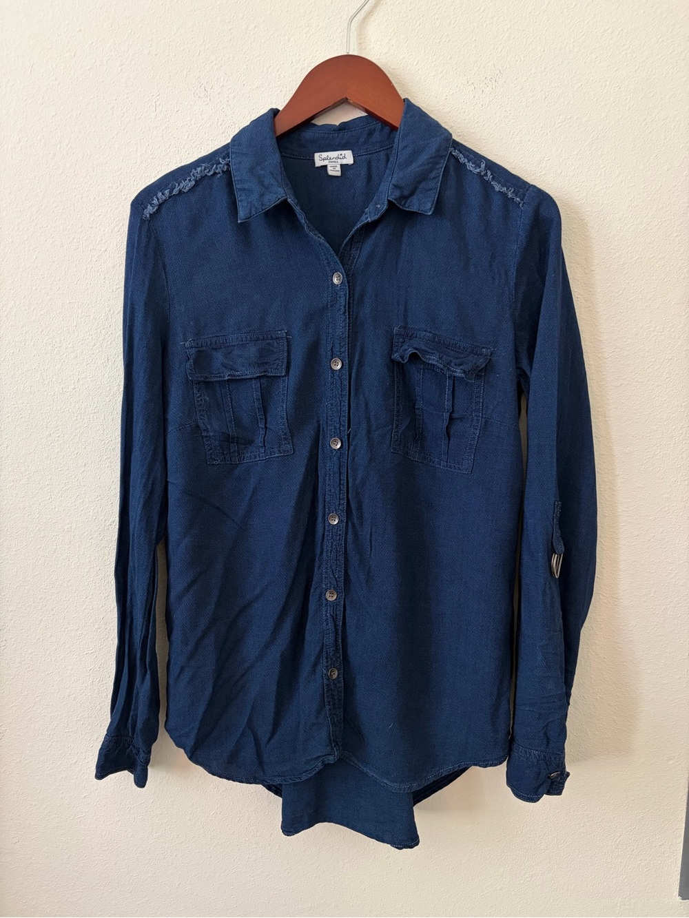 Splendid Navy Ultility Shirt Small Roll-Tab Sleeves Flap Pockets Distressed Tri